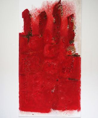 2011_rot-tot Wüstrow, 85 x 160 cm, Acryl auf Leinwand mit Steinen 